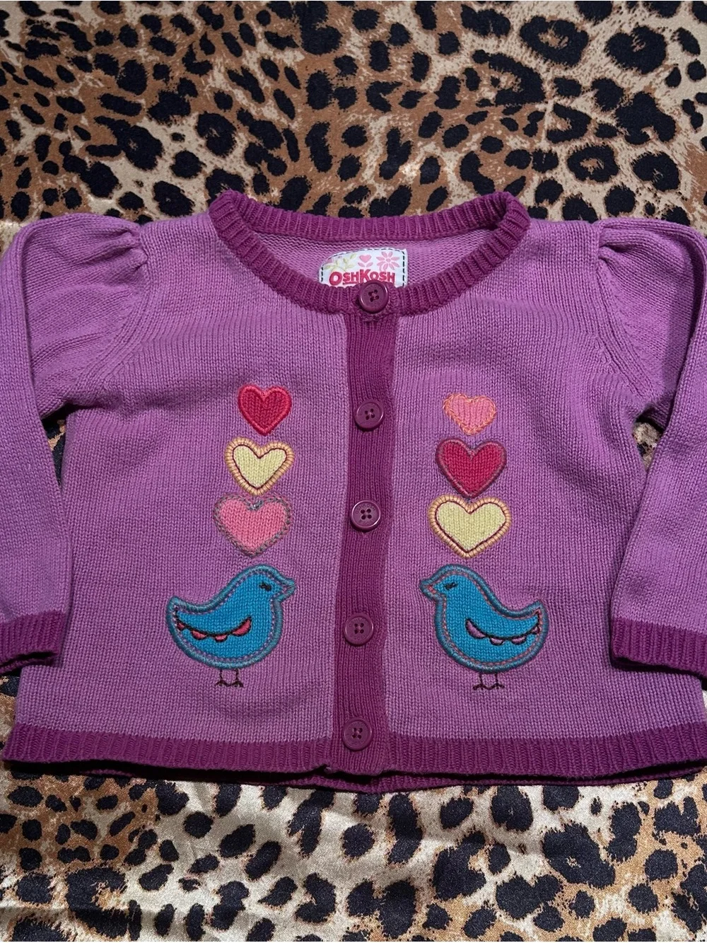 Y2K OshKosh B’Gosh Purple Cardigan with Hearts & Birds